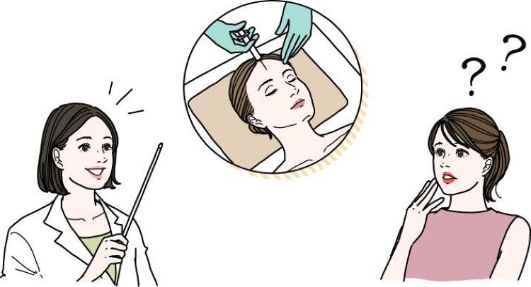医師からおでこの美容医療について説明を受ける女性