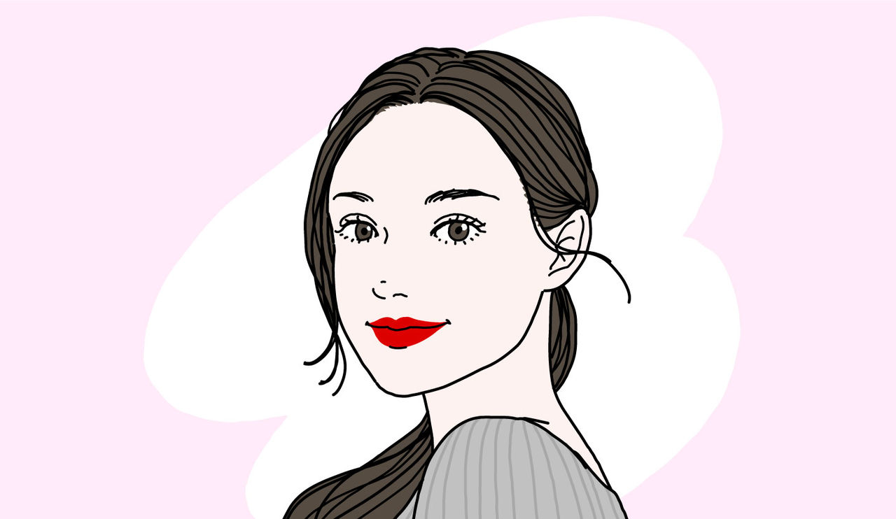 厚めにリップを塗って、薄くなった唇をメイクでカバーしている女性のイラスト