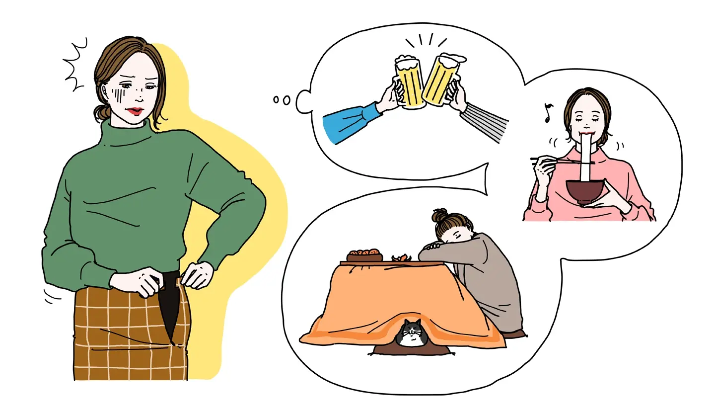 正月太りに悩む女性と、正月太りの主な原因を示したイメージ