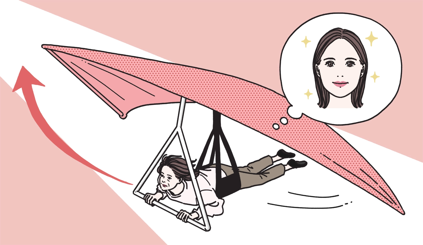 グライダーに乗る女性のイラストとシャープなフェイスラインを連想するイメージ