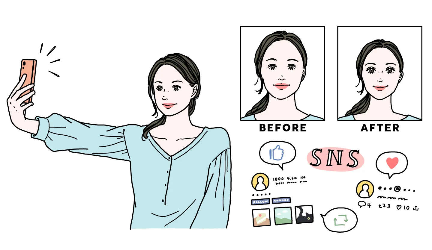 現実の顔を加工アプリで調整してからSNSにアップする女性