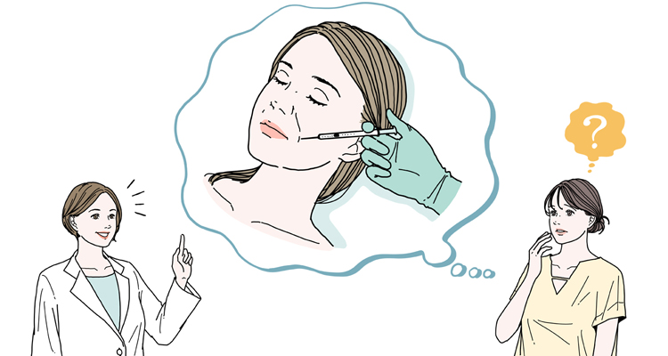 ヒアルロン酸注射に関して医師に相談している女性