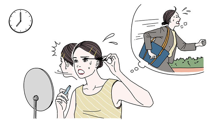忙しさでメイクする時間の余裕がない様子を表すイラスト