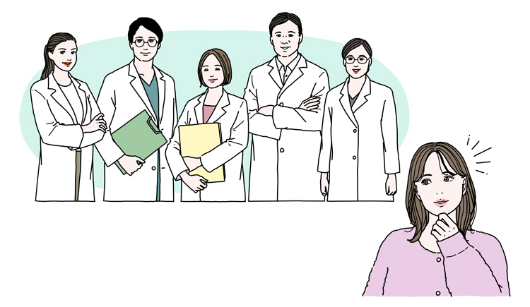 複数の医師と、美容医療について考える女性のイラスト